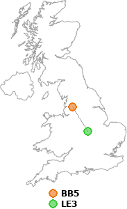 map showing distance between BB5 and LE3
