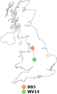 map showing distance between BB5 and WV14