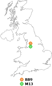 map showing distance between BB9 and M13