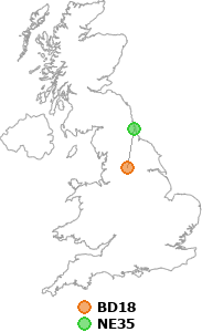 map showing distance between BD18 and NE35