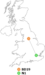 map showing distance between BD19 and N1