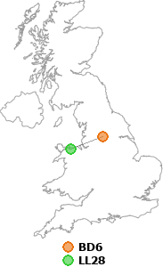 map showing distance between BD6 and LL28