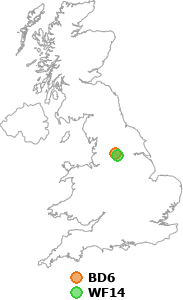 map showing distance between BD6 and WF14