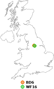 map showing distance between BD6 and WF16