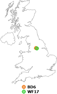 map showing distance between BD6 and WF17
