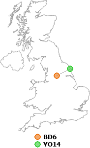 map showing distance between BD6 and YO14