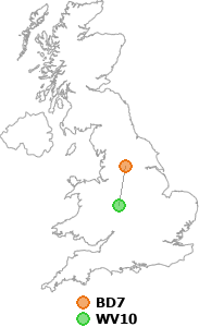 map showing distance between BD7 and WV10