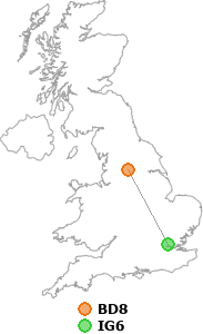 map showing distance between BD8 and IG6