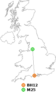 map showing distance between BH12 and M25
