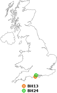 map showing distance between BH13 and BH24