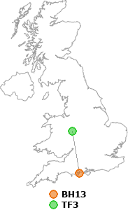 map showing distance between BH13 and TF3