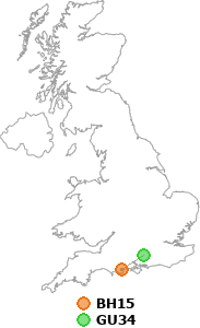 map showing distance between BH15 and GU34