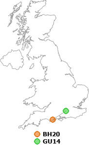 map showing distance between BH20 and GU14