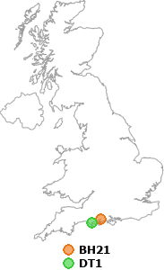 map showing distance between BH21 and DT1
