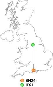 map showing distance between BH24 and HX1
