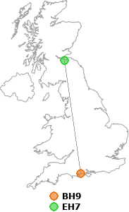 map showing distance between BH9 and EH7