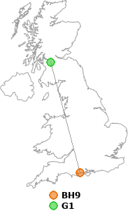 map showing distance between BH9 and G1