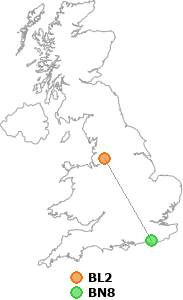 map showing distance between BL2 and BN8