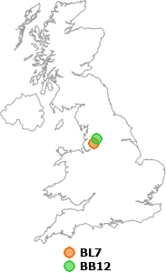 map showing distance between BL7 and BB12