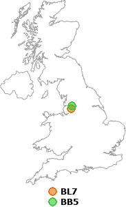 map showing distance between BL7 and BB5
