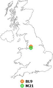map showing distance between BL9 and M21