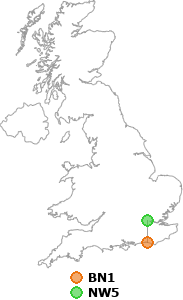 map showing distance between BN1 and NW5
