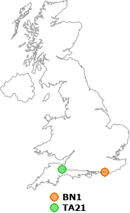 map showing distance between BN1 and TA21