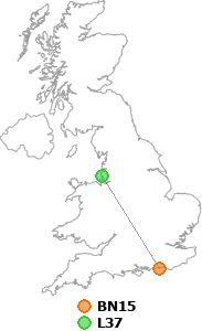 map showing distance between BN15 and L37