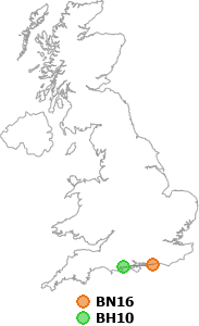 map showing distance between BN16 and BH10