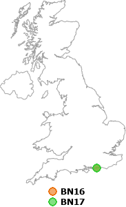 map showing distance between BN16 and BN17