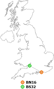 map showing distance between BN16 and BS32