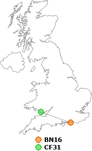 map showing distance between BN16 and CF31