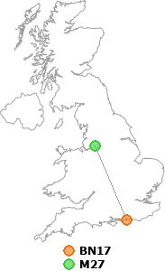 map showing distance between BN17 and M27