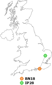 map showing distance between BN18 and IP28