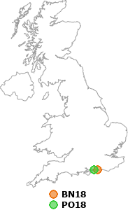 map showing distance between BN18 and PO18