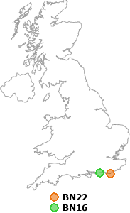 map showing distance between BN22 and BN16