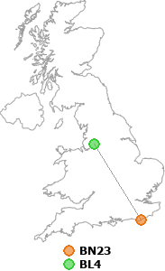 map showing distance between BN23 and BL4