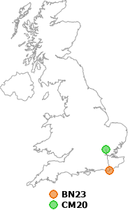 map showing distance between BN23 and CM20