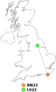 map showing distance between BN23 and LS22