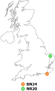 map showing distance between BN24 and NR20