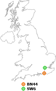 map showing distance between BN44 and SW6