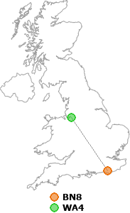 map showing distance between BN8 and WA4