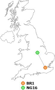 map showing distance between BR1 and NG16
