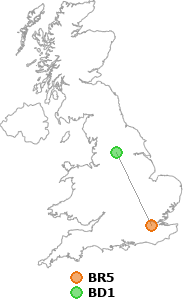 map showing distance between BR5 and BD1