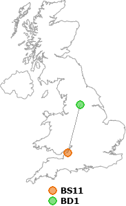 map showing distance between BS11 and BD1