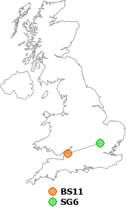 map showing distance between BS11 and SG6