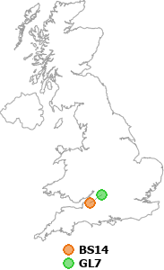 map showing distance between BS14 and GL7