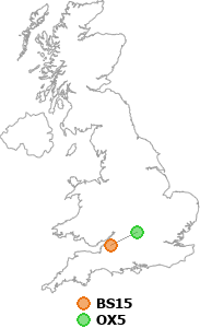 map showing distance between BS15 and OX5