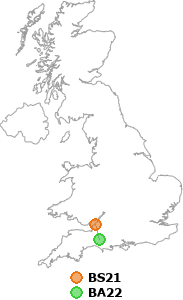 map showing distance between BS21 and BA22