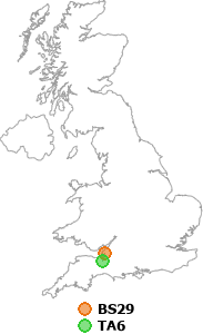 map showing distance between BS29 and TA6